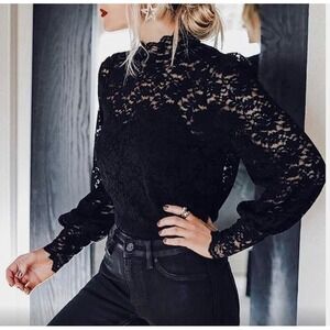 Dorose Top XXL Black Lace Puff‎ Sleeve Sheer Goth Sexy Elegant Victorian Fairy